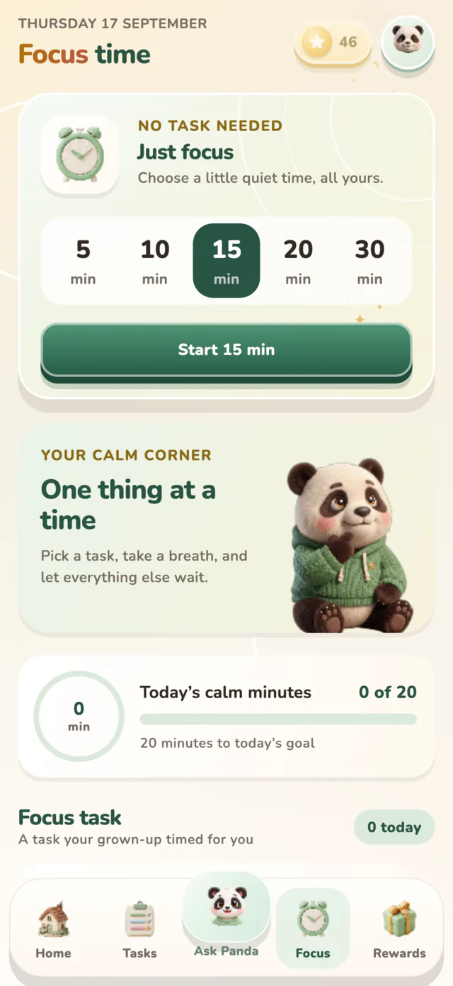 Focus timer with 5 to 30 minute options