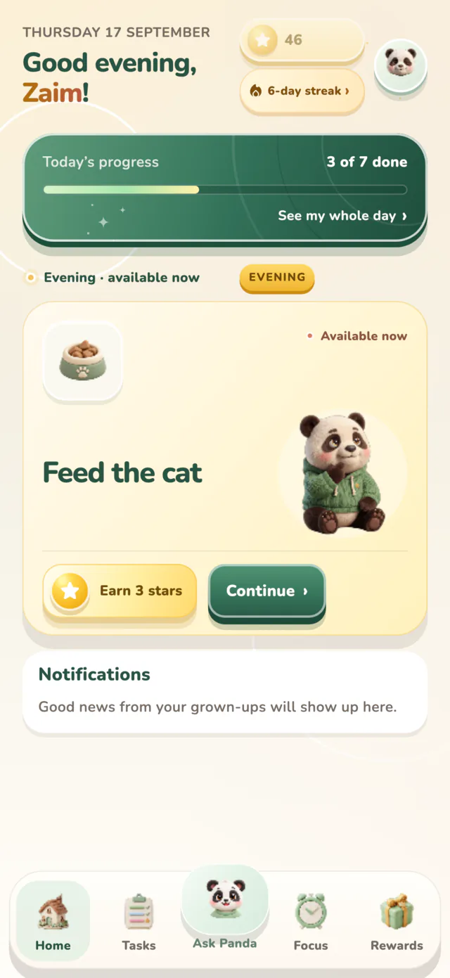MamaPoints Kids home screen with today's progress and the next task, Feed the cat, worth 3 stars