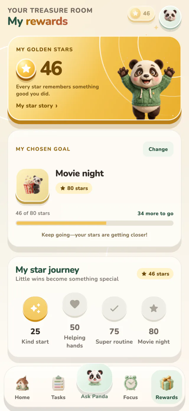 My rewards screen with golden stars and a chosen goal