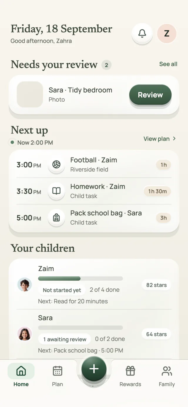 MamaPoints parent app home screen showing a task waiting for review, the next activities and each child's stars
